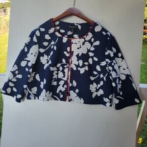 Perceptions Womens Navy White Floral Cropped Open Front 3/4 Sleeve Bolero Sz 18